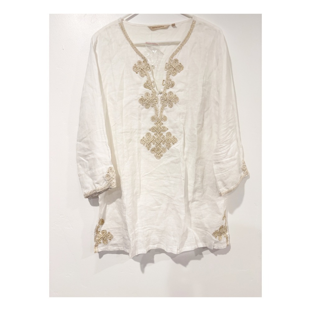 Soft Surroundings White Linen Gold Embroidered Tunic Top 3/4‎ Sleeve - Picture 1 of 5